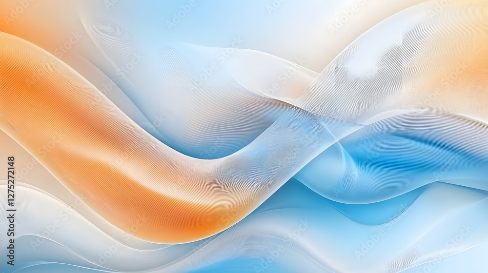 Poster Captivating digital abstract background featuring smooth fluid waves in a bold vibrant color palette of orange blue and white  Designed to create a sophisticated high impact visual experience