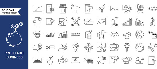 Profitable Business icon set in line style. containing money, profit, earnings, payment, cash flow, paycheck, work and more. Vector illustration