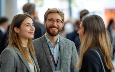 Obraz premium 3 Businessperson in lively discussions at business events, representing communication and success in corporate relationships in the modern office blurred background.