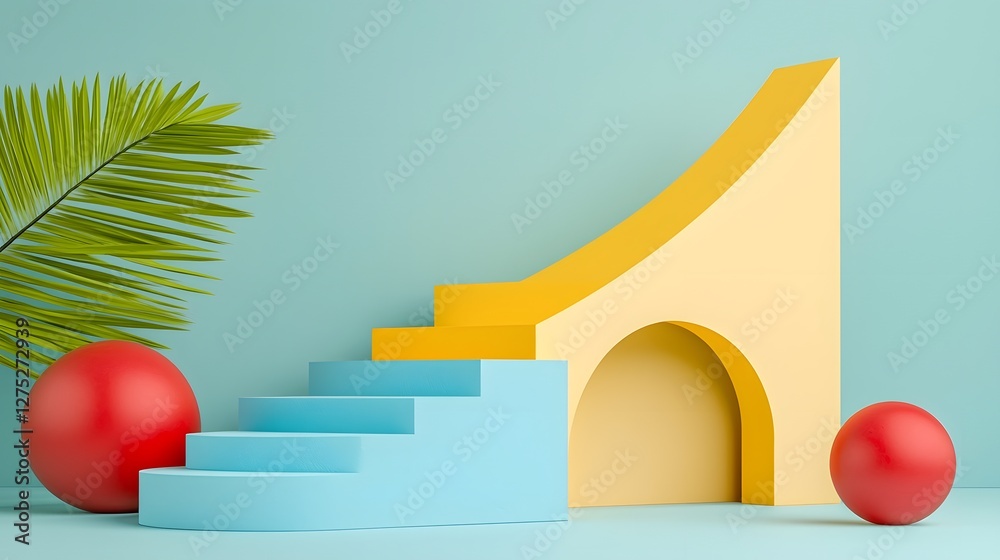 Fototapete vibrant geometric staircases in soft pastel and bold primary colors with contrasting red spheres a m