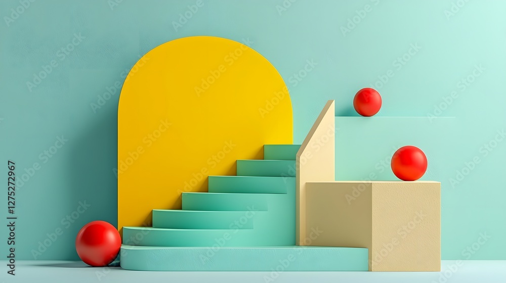 Poster A modern and stylish minimalist design featuring vibrant geometric staircases in soft pastel and bold primary colors with red spheres adding contrast and intrigue