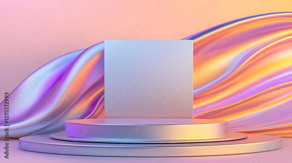 Aufkleber Futuristic abstract scene featuring a sleek metallic pedestal bathed in vibrant gradient lighting set against a smooth curving background in soft pastel hues creating a modern and elegant atmosphere