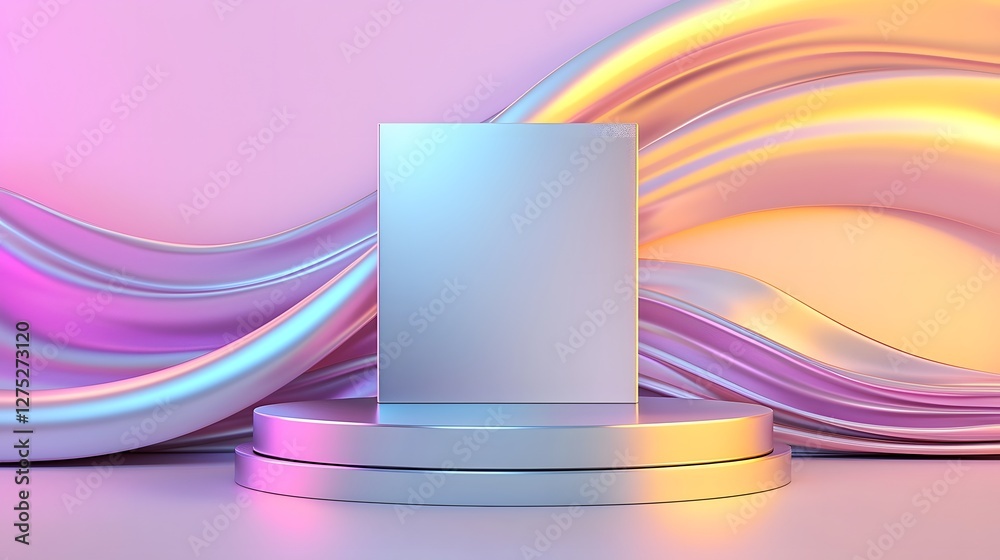 Poster surreal abstract setting with a polished metallic pedestal glowing under fluid gradient lighting sur