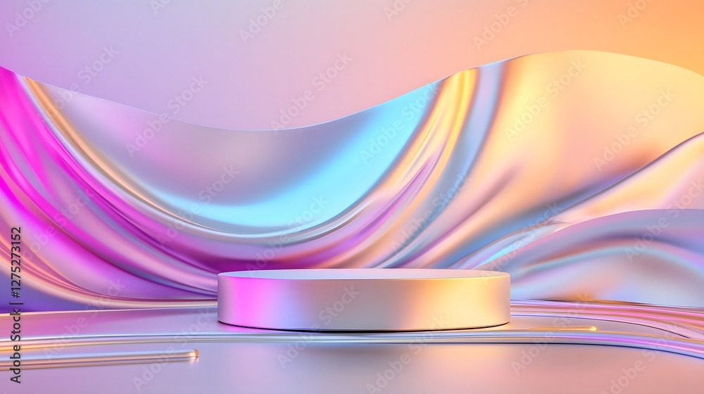 Poster Surreal abstract setting with a polished metallic pedestal glowing under fluid gradient lighting surrounded by a soft flowing pastel environment exuding sophistication and futuristic aesthetics