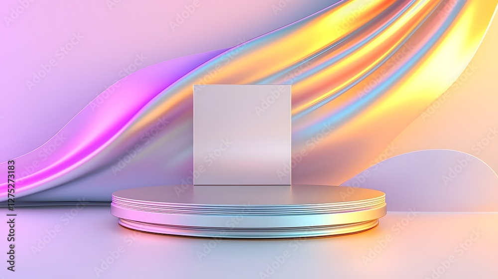 Poster Visually striking minimalist composition featuring a reflective metallic platform illuminated by seamless gradient lighting transitions blending with a curved pastel toned backdrop for a modern