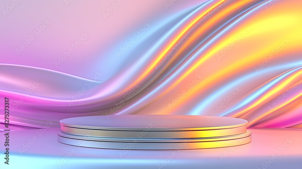 Poster an elegant and contemporary 3d rendered space featuring a smooth metallic stage reflecting vibrant g