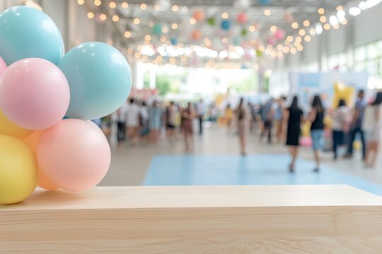In a soft focus, a vibrant health and wellness fair unfolds within a company setting, its details obscured by the intentional blur Balloons in pastel shades blues, pinks, and yellows cluster near a