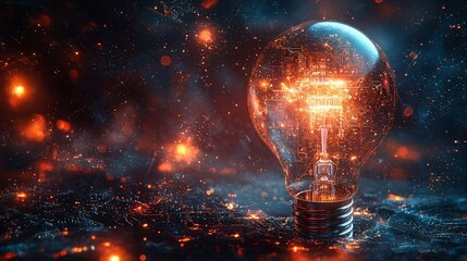 A glowing light bulb illuminating a dark, abstract background filled with sparks and energy