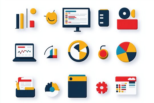 Collection of Colorful Flat Design Icons for Data Analysis, Business, and Technology