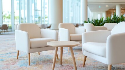In the heart of a modern business lounge, bathed in a soft-focus glow, comfortable seating arrangements invite relaxation and collaboration The scene is meticulously designed, creating an atmosphere
