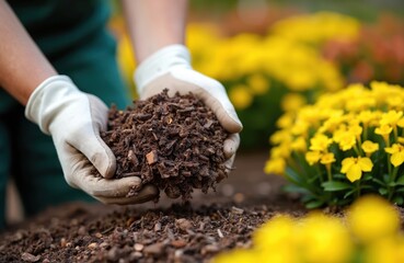 Gardener in gloves holds mulch over flowerbed soil. Mulching garden with wood chips, compost for plant care and growth. Organic agriculture autumn work.