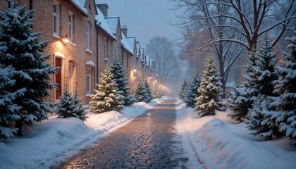Snowy Street at Night with Illuminated Trees