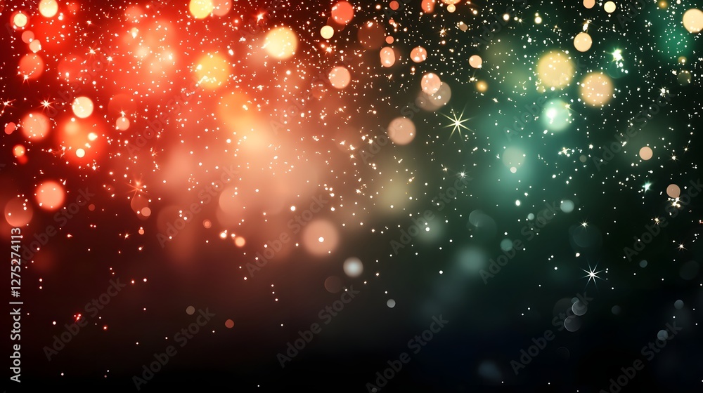 Poster Dreamy and Holiday Bokeh Light Abstraction in Rich Red Green and Golden Tones   A captivating and mesmerizing composition of glowing shimmering and sparkling holiday lights arranged in an abstract