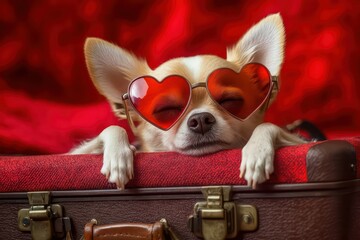 A playful Chihuahua in heart-shaped sunglasses, comfortably lying on a miniature suitcase, ready for travel.