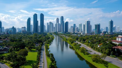Fototapeta premium Urban land pollution threatens sustainability. Urban skyline with greenery and a river under a blue sky.