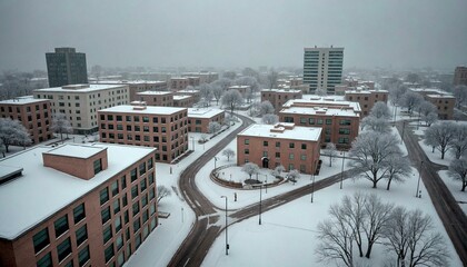 Snowy Cityscape from Above with Buildings and Trees