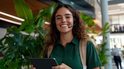 Fototapeta premium Friendly customer support representative smiling in a modern workplace