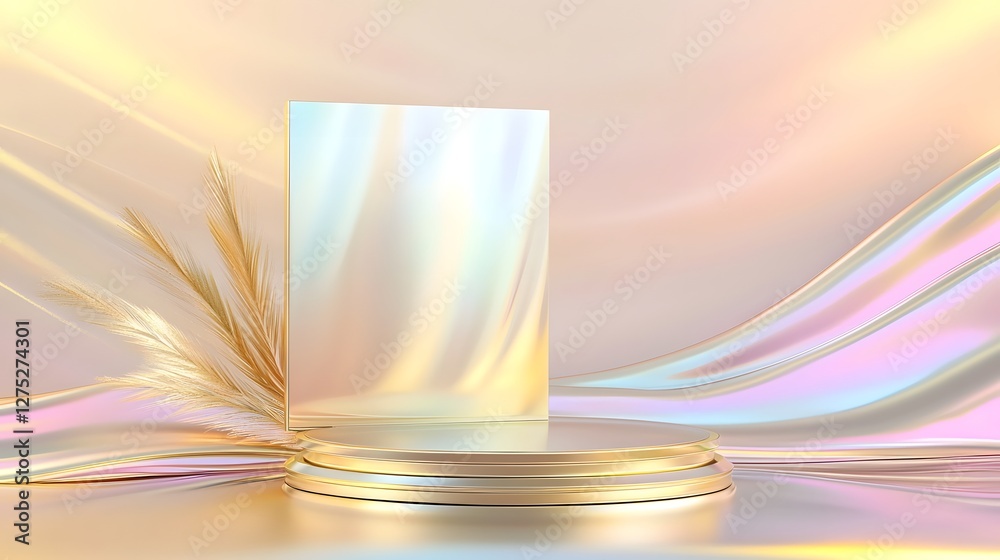 Poster a luxurious iridescent pearl themed glamour display featuring an elegant pedestal showcasing a premi