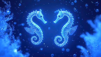 Glowing seahorses in mystical underwater scene with bubbles and coral, Sea and sand Theme.