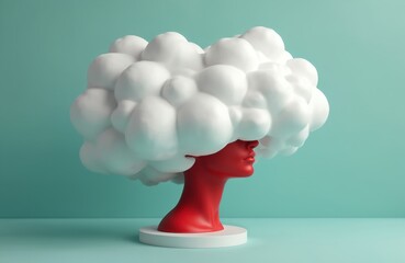 AI generated art of dreamy thoughts. Woman with head in clouds on turquoise background. Surreal concept, creative mind, mental health and ecology metaphor. Red faceless bust.