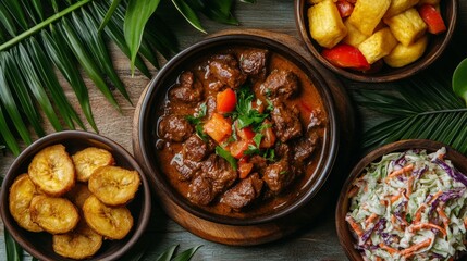 A vibrant meal featuring beef stew, plantains, coleslaw, and tropical fruit.
