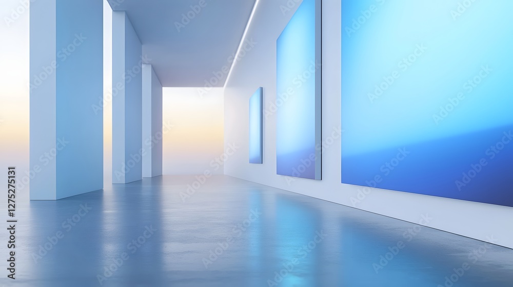 Poster Sophisticated and Minimalist Art Gallery Exhibiting Powerful Abstract Artworks Centered on Themes of Human Rights Illuminated by Soft Ambient Lighting