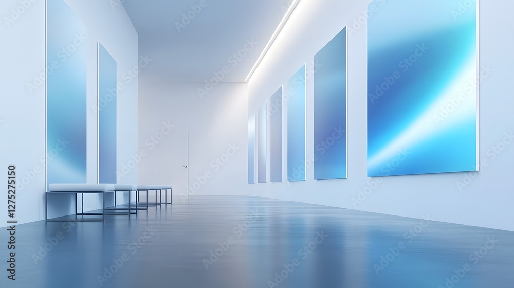 Poster Captivating art gallery showcasing justice themed abstract paintings in a serene modern setting that fosters introspection and contemplation on social The clean minimalist architecture and bright