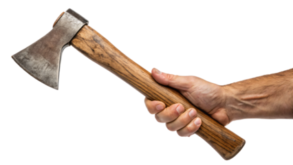 A hand grips a rusty axe, a wooden-handled tool for home repair and construction work