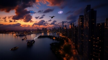 Fototapeta premium Futuristic cityscape at dusk with airborne vehicles and vibrant skyline