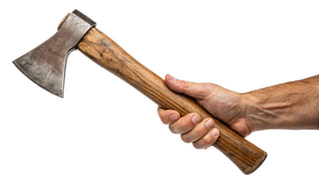 A hand grips a rusty axe, a wooden-handled tool for home repair and construction work