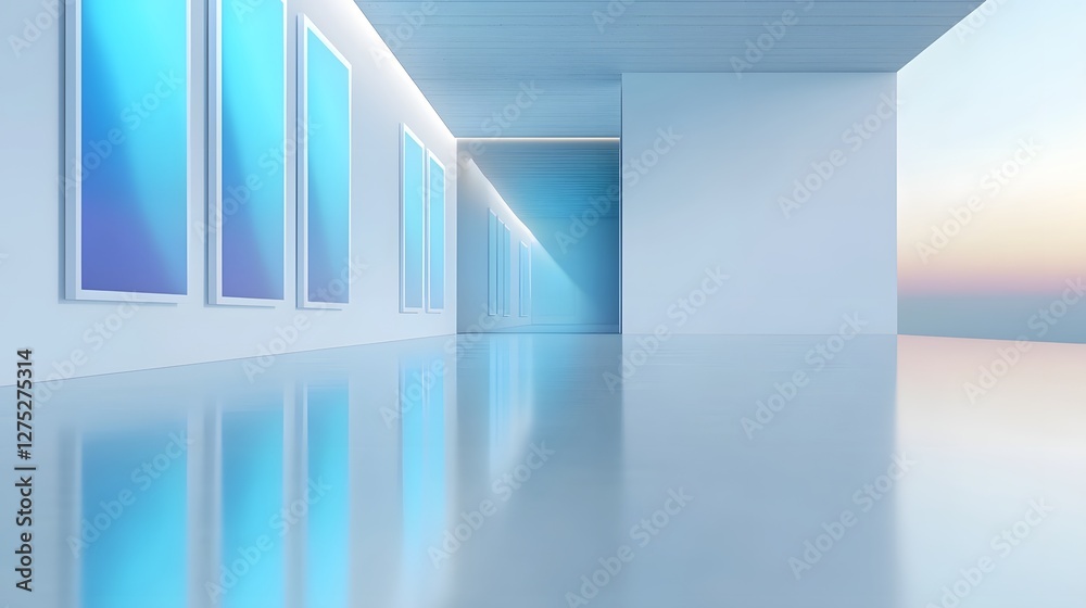 Poster A tranquil and modern art gallery featuring abstract justice themed paintings displayed on sleek white walls inviting deep reflection on social issues in a serene and contemplative space