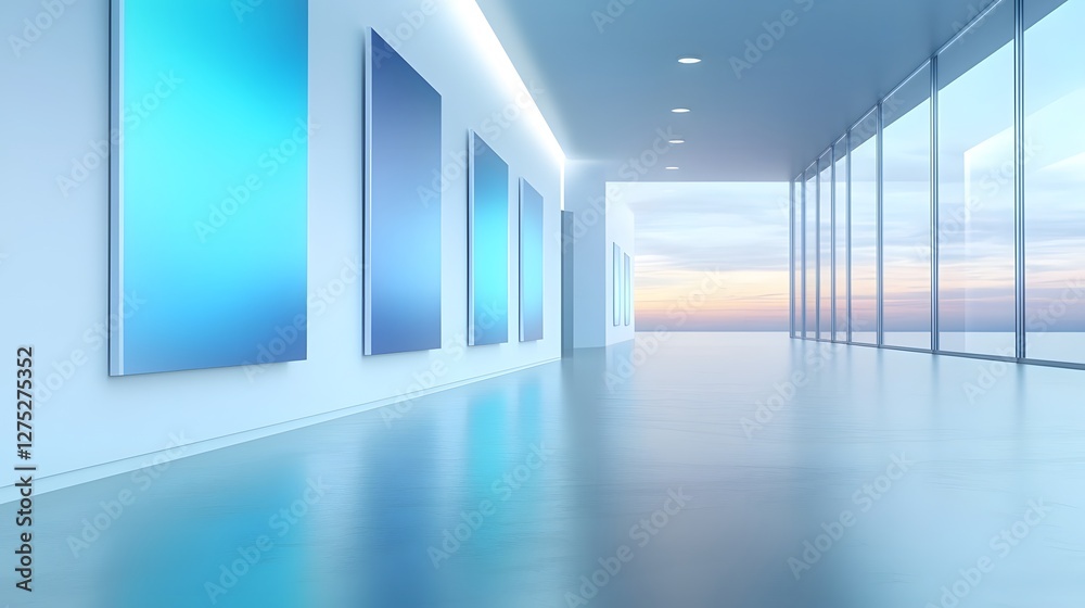 Poster Captivating abstract art gallery showcasing thought provoking paintings that address social and justice related topics arranged in a sleek open space with subtle lighting to enhance the elevated