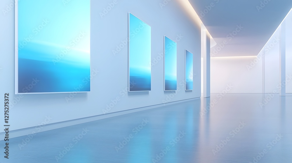 Poster Captivating Justice Themed Art Gallery Showcasing Abstract Paintings that Address Social Concerns in a Sleek Open Space Illuminated by Subtle Lighting to Enhance the Thought Provoking Atmosphere
