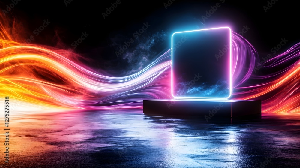 Poster A mesmerizing cyberpunk inspired setting with a glowing neon square immersed in a dynamic haze of multicolored smoke evoking a surreal and high tech aesthetic