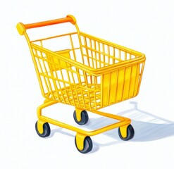 Yellow shopping cart, empty, studio, white background, retail