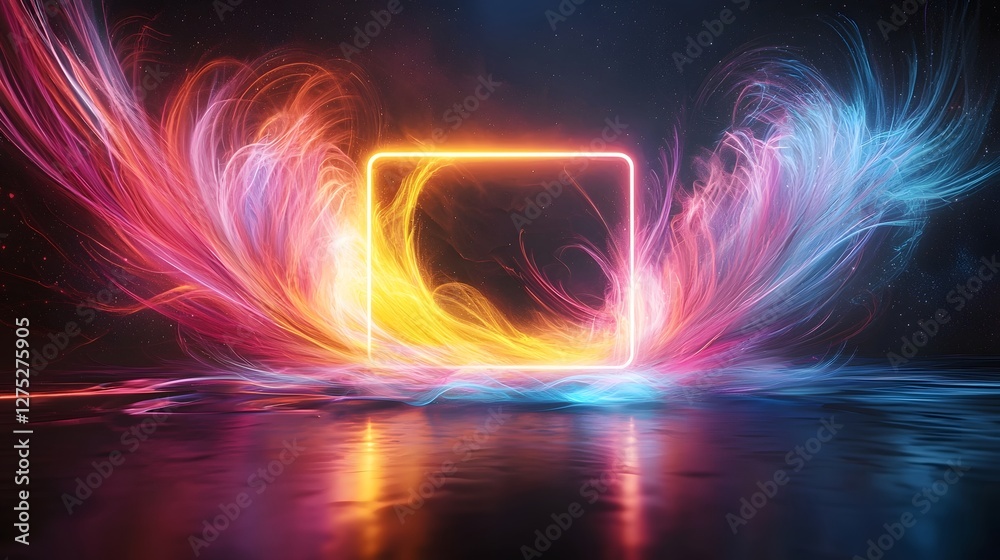 Aufkleber mesmerizing digital art composition depicting an intense neon lit geometric frame floating amidst sw