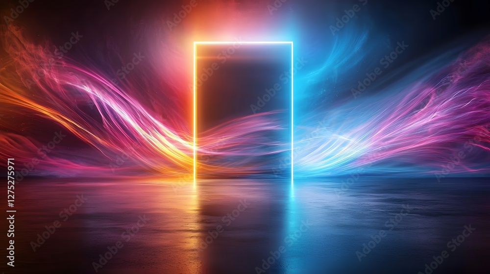 Poster Surreal and immersive neon portal design surrounded by fluid colorful vapor waves blending abstract energy with an enigmatic sci fi inspired atmosphere