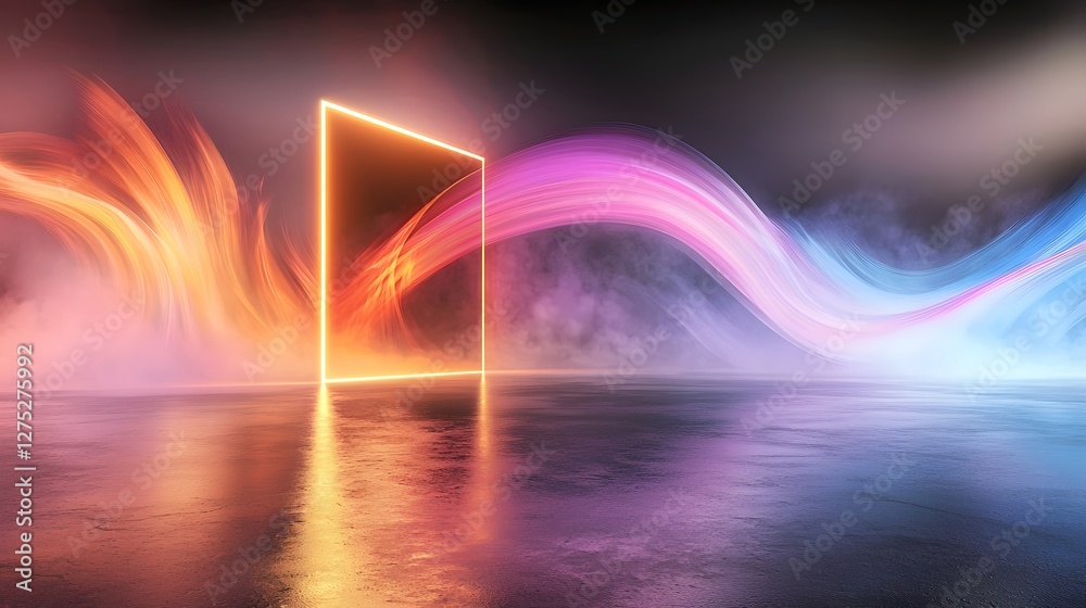 Poster Immersive neon portal design surrounded by fluid colorful vapor waves blending abstract energy with an enigmatic sci fi inspired atmosphere