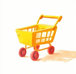 Yellow toy shopping cart, isolated, white background, retail illustration