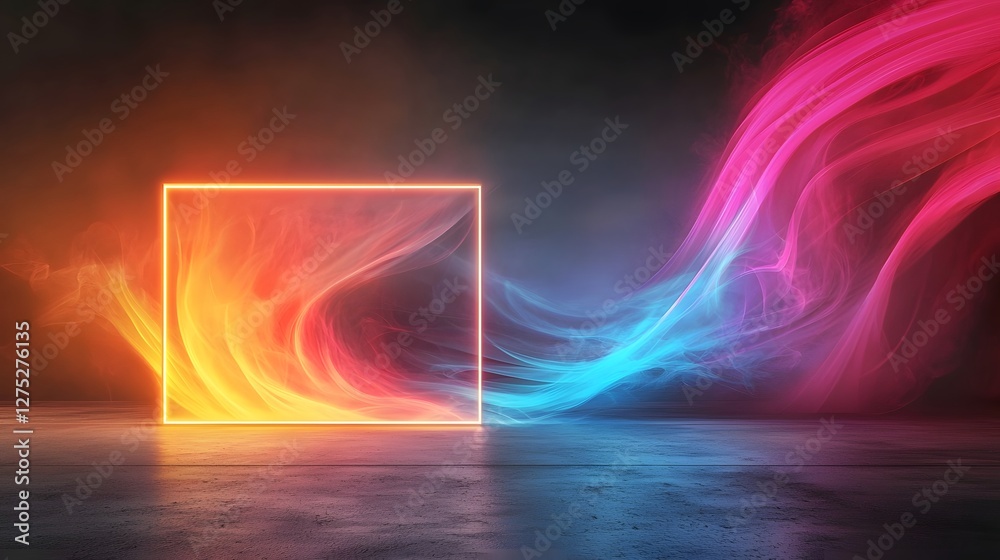 Aufkleber Captivating neon frame glowing intensely against a backdrop of swirling luminescent smoke creating a dreamlike futuristic ambiance in this dynamic and bold digital composition
