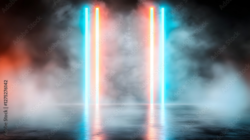 Aufkleber a surreal and abstract scene featuring intense red and blue elongated light beams piercing through a