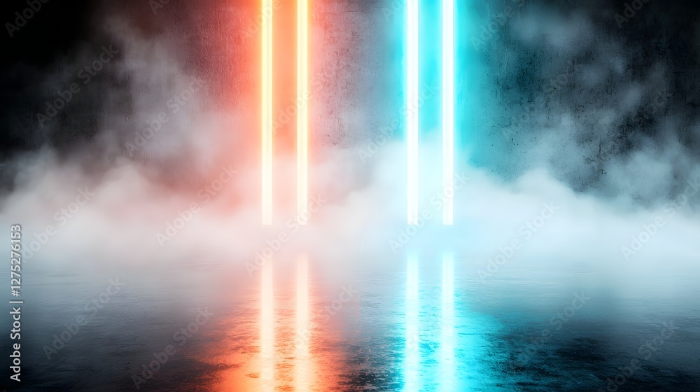 Poster surreal futuristic abstract scene with intense red and blue elongated light beams piercing through a