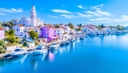 Fototapeta premium Island village harbor, boats, church, sunny day, travel postcard