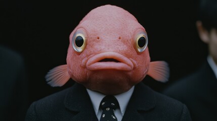 A man in a suit and tie with the head of a fish.