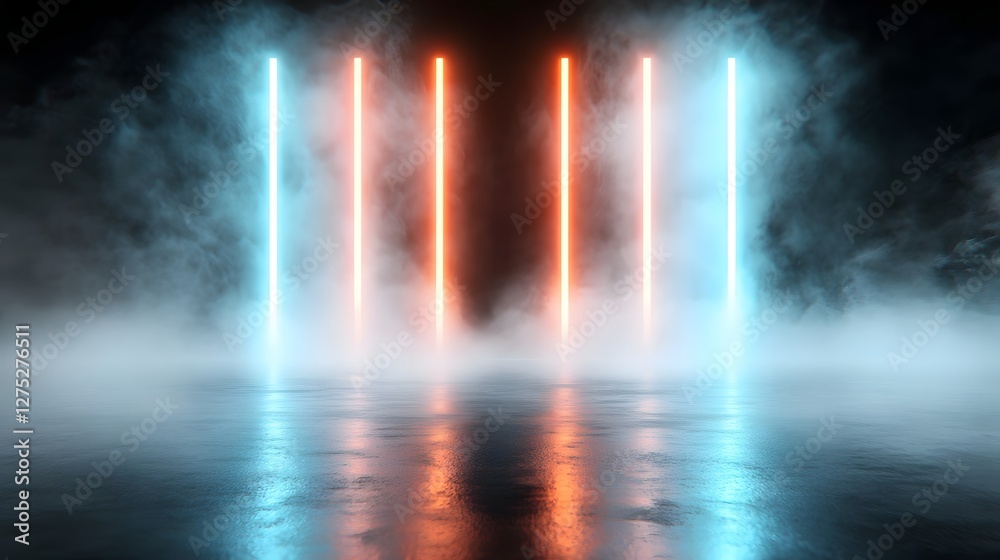 Poster An electrifying sci fi inspired composition where elongated red and blue neon light trails extend through a hazy abstract space generating a captivating cyberpunk like aesthetic with a futuristic