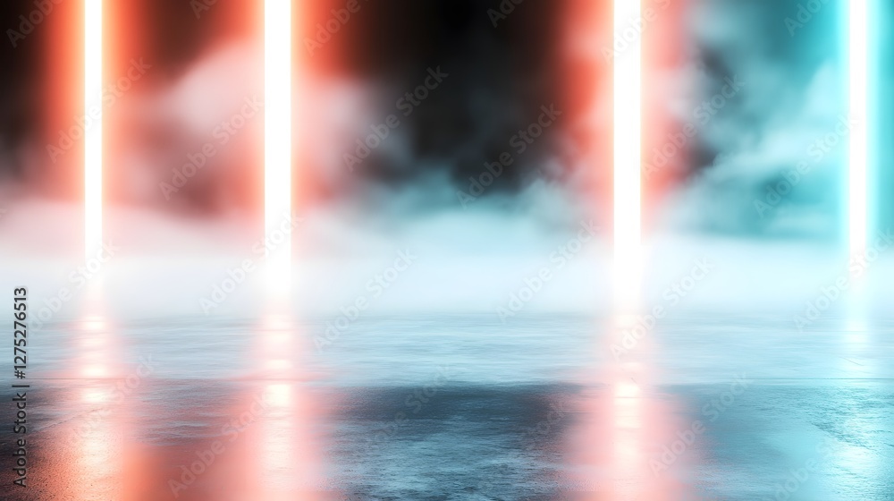 Aufkleber Electrifying composition of elongated red and blue neon light trails cutting through a hazy abstract cyberpunk inspired space generating a futuristic digital and atmosphere