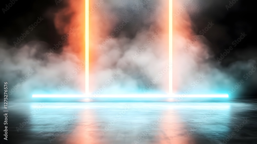 Leinwandbilder A mesmerizing and futuristic display of vibrant red and blue beams cutting through a cloud of mist forming an energetic and immersive light based abstract scene