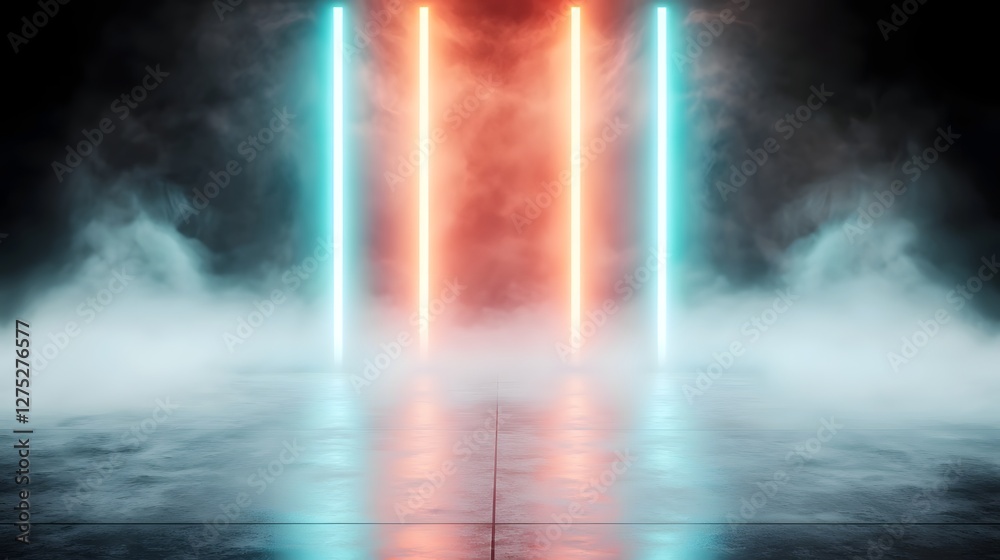 Poster captivating futuristic light beams cutting through swirling mist in vibrant red and blue hues an ene