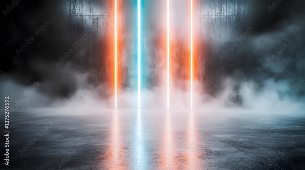 Poster Mesmerizing futuristic display of vibrant red and blue beams cutting through a cloud of mist forming an energetic and immersive light based abstract scene with a captivating otherworldly atmosphere