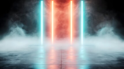Captivating Futuristic Light Beams Cutting Through Swirling Mist in Vibrant Red and Blue Hues   An Energetic and Immersive Light Based Abstract Scene Evoking a Sense of Otherworldly Technology and